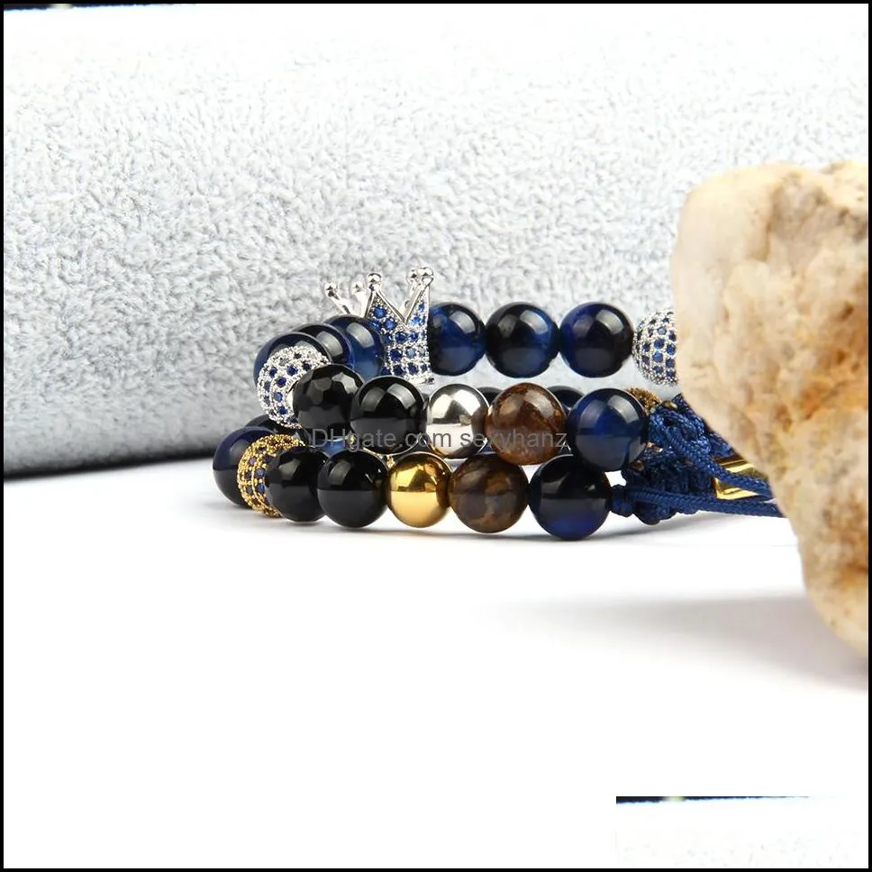 blue cz crown men bracelets wholesale 8mm natural tiger eye stone beads macrame jewelry with stainless steel beads
