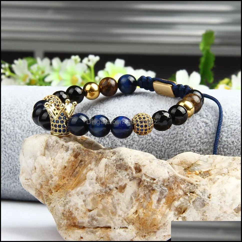 blue cz crown men bracelets wholesale 8mm natural tiger eye stone beads macrame jewelry with stainless steel beads