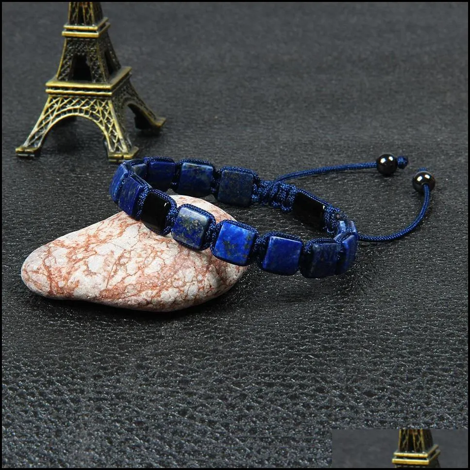 fashion bangle jewelry men wholesale 10pcs/lot 8x8mm natural lapis lazuli square stone beads geometric braided bracelet