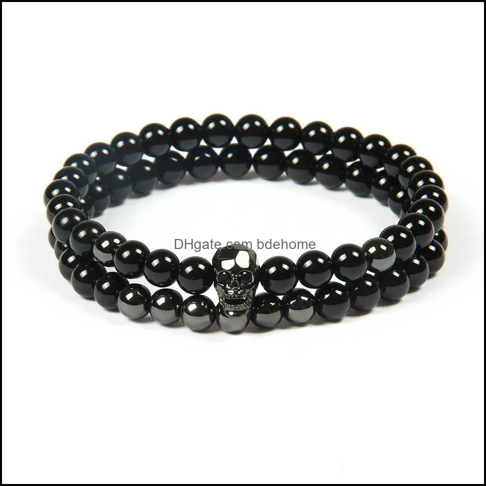  jewelry wholesale 10 sets /lot 6mm natural black onyx stone beads top quality black cz skull beaded bracelets