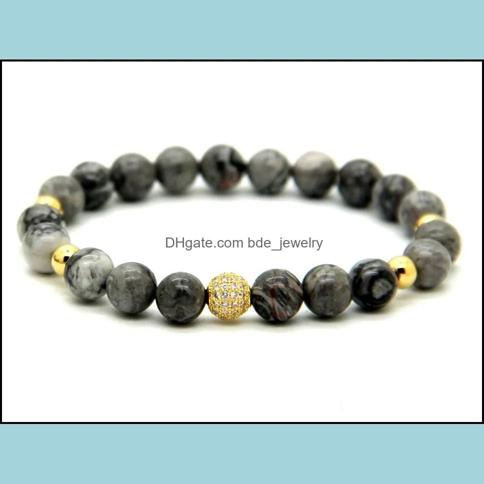 1pcs high grade jewelry 8mm grey picture jasper stone beads micro pave black and gold cz beads bracelets mens gift