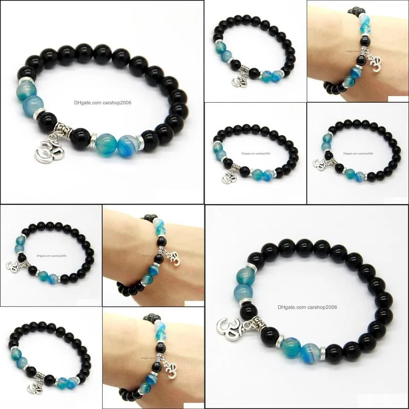 2015 design beaded men wrap jewelry wholesale 10pcs/lot 8mm natural black onyx stone beads om yoga bracelets party gift