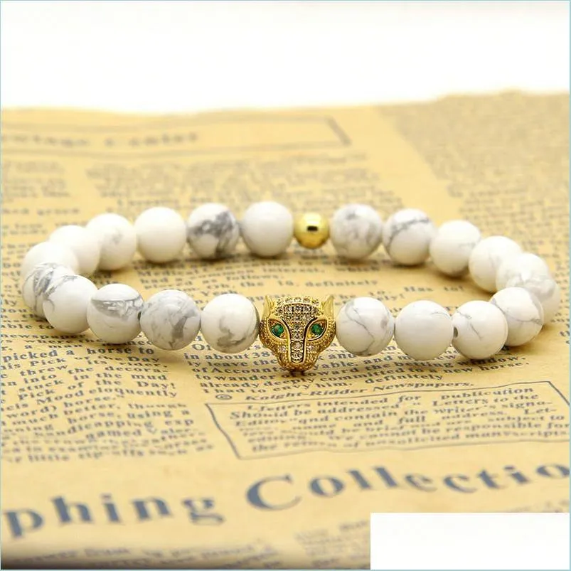 wholesale four colors micro paved leopard head with white howlite marble beads charm bracelets 10pcs/lot mens jewelry