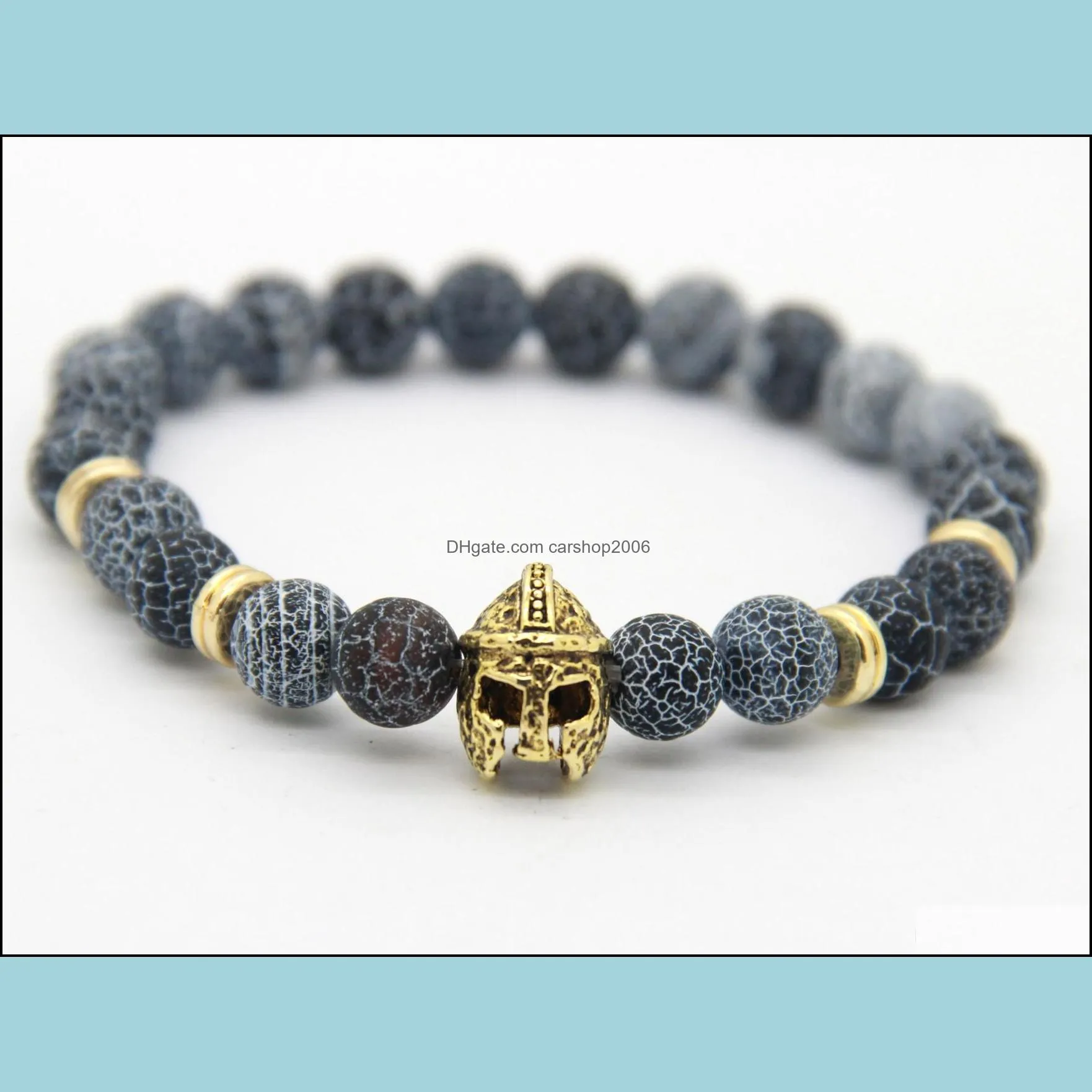 2015 christmas mens gift wholesale 8mm weathering stone beads antique gold silver plated helmet spartan bracelets