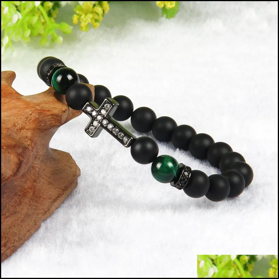 1pcs religious totem jewelry 8mm matte onyx & colors tiger eye stone beads with clear cz royal cross jesus bracelets for party
