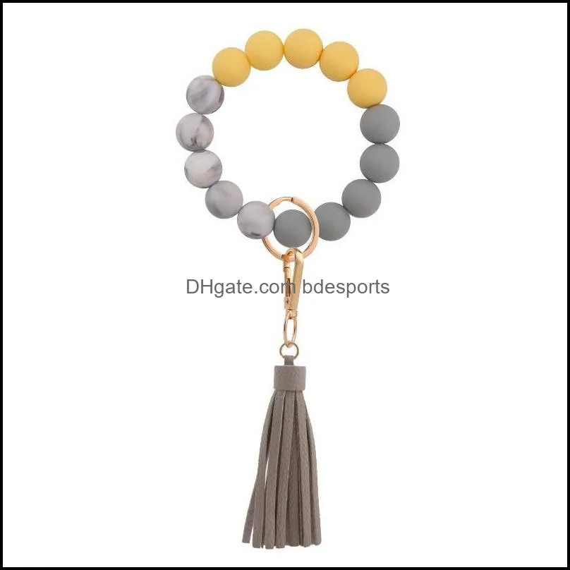 silicone bead bracelet with tassel keychains beaded bangle keychain wristlet key ring 9 colors leather tassel wristlet bracelet