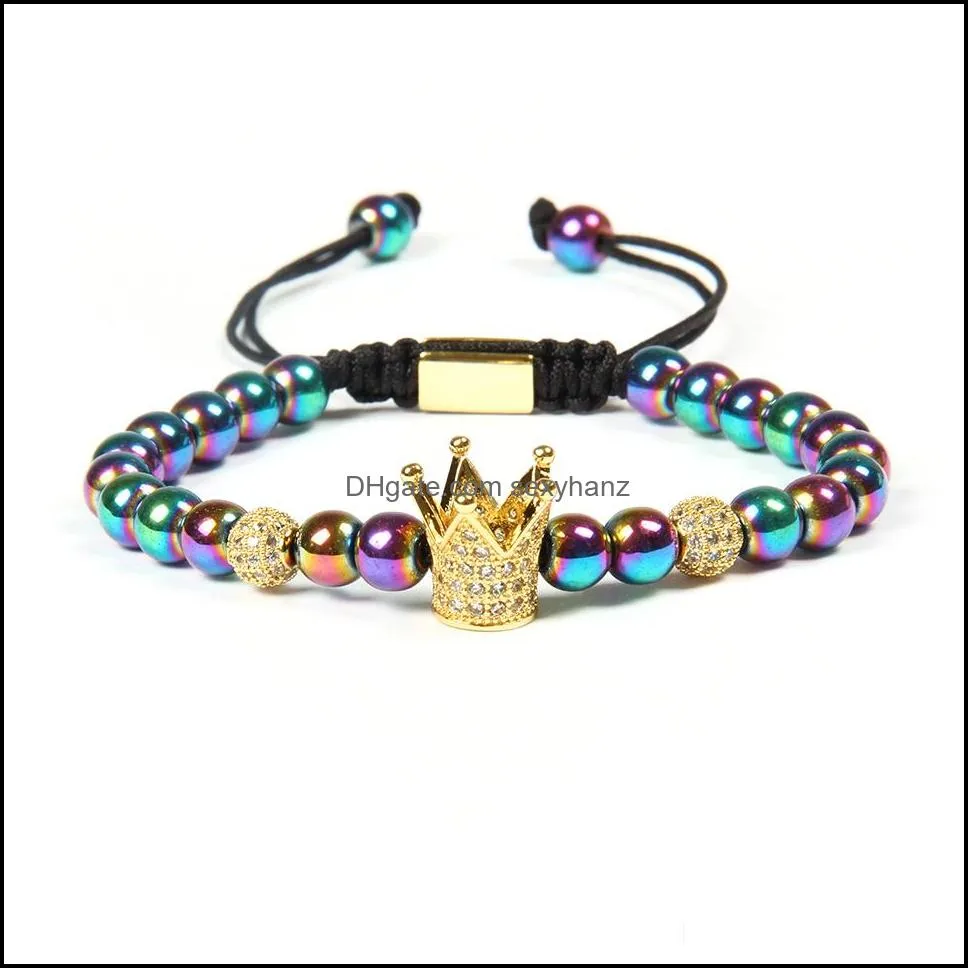  macrame bracelet wholesale 10pcs/lot 6mm colors hematite stone beads with clear cz crown bracelets for gift