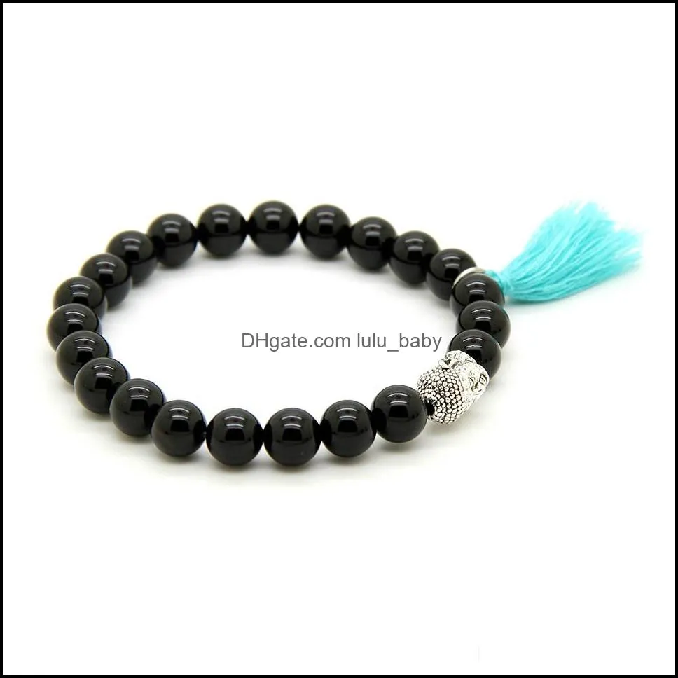 design wholesale 10pcs/lot 8mm natural black onyx stone beads blue and sky blue tassel buddha head couple bracelet