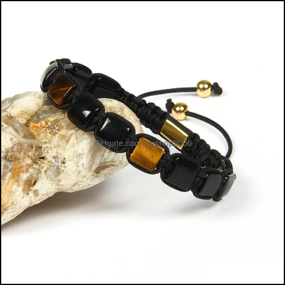 nice gift stone pulseras wholesale 10pcs/lot 8x8mm natural black onyx and tiger eye square stone beads geometric braided bracelet