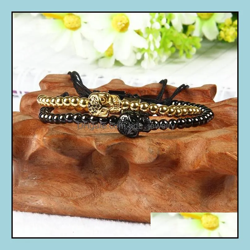 pulseira masculina wholesale mix colors 4mm brass beads exquisite three sides black cz skull macrame bracelet