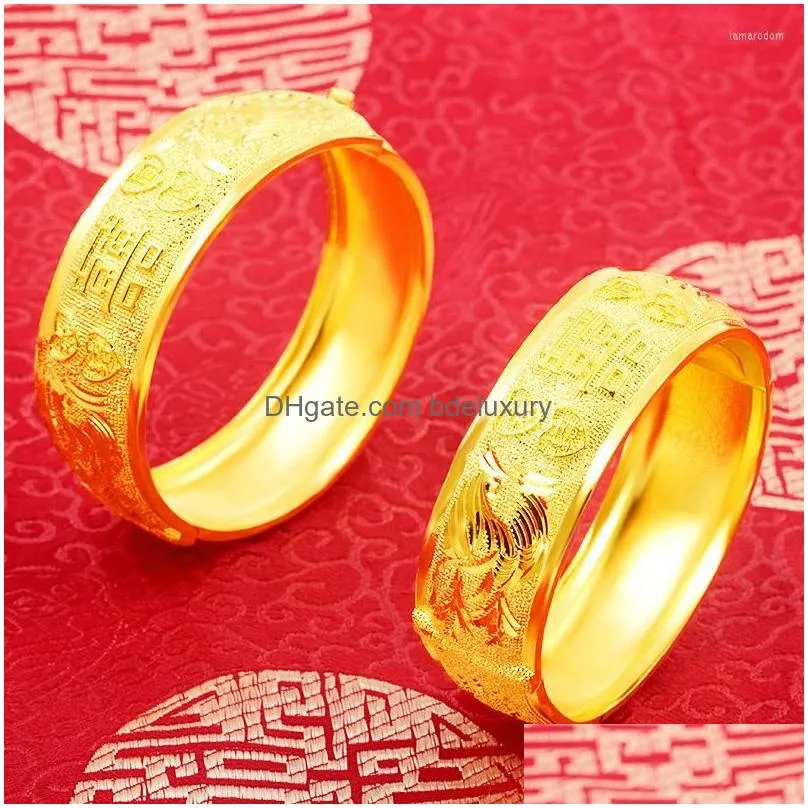 bangle 18k gold plated ladies bracelet wide retro style dragon and phoenix for girlfriend birthday wedding jewelry gift