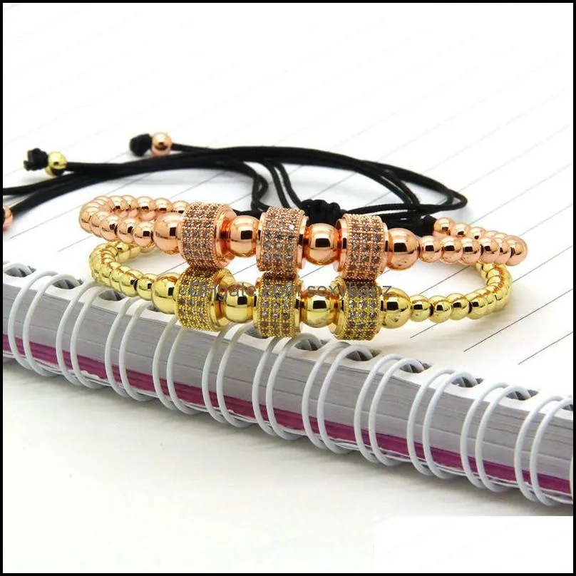 fashion jewelry wholesale 4mm gold brass beads weave three micro pave cz charm cylinders balls macrame bracelet