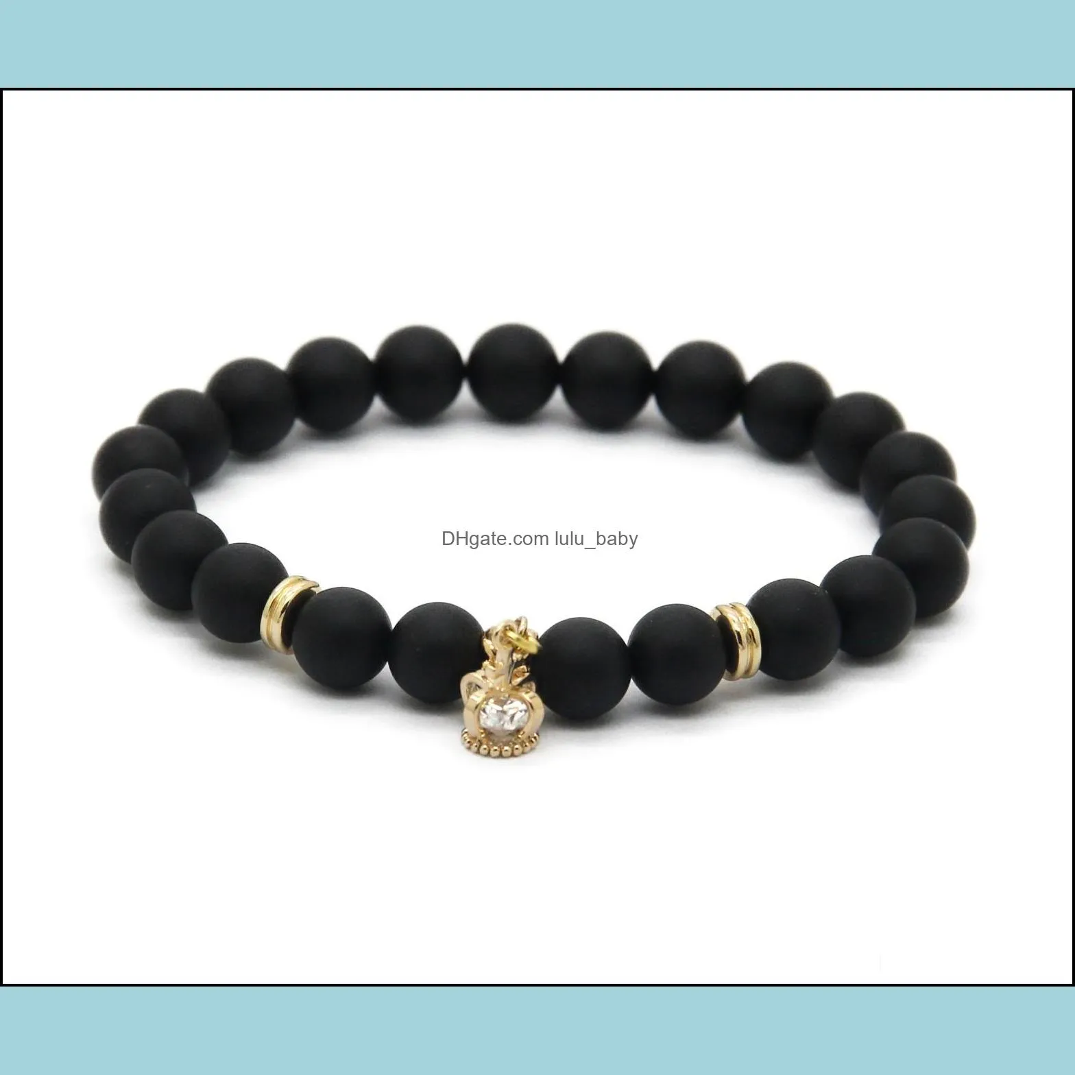 wholesale 10ps/lot 8mm a grade black matte agate stone real gold plated crown cz beads charm bracelets party gift