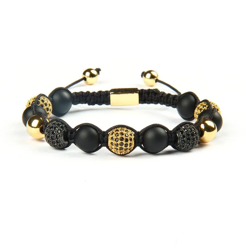 jewelry men wholesale 10pcs/lot 8mm natural matte agate stone beads with micro pave black cz ball macrame bracelet