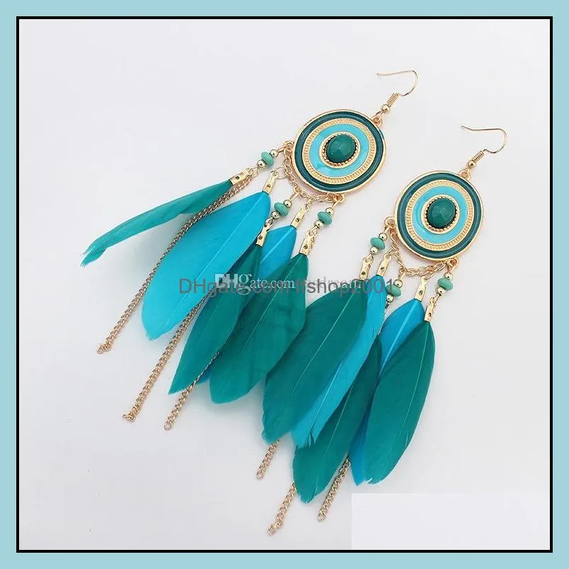 bohemian feather tassel earrings gold chain dangel chandelier ear rings women fashion jewelry gift