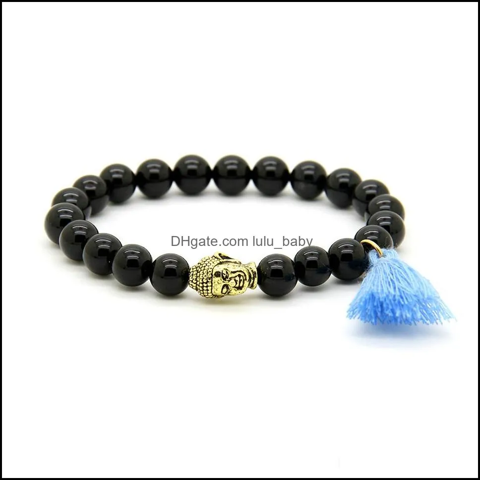  design wholesale 10pcs/lot 8mm natural black onyx stone beads blue and sky blue tassel buddha head couple bracelet