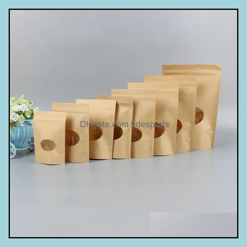 50pcs/lot standing kraft paper bags with round window yellow kraft pack storage dried food fruits tea electronic product pouches