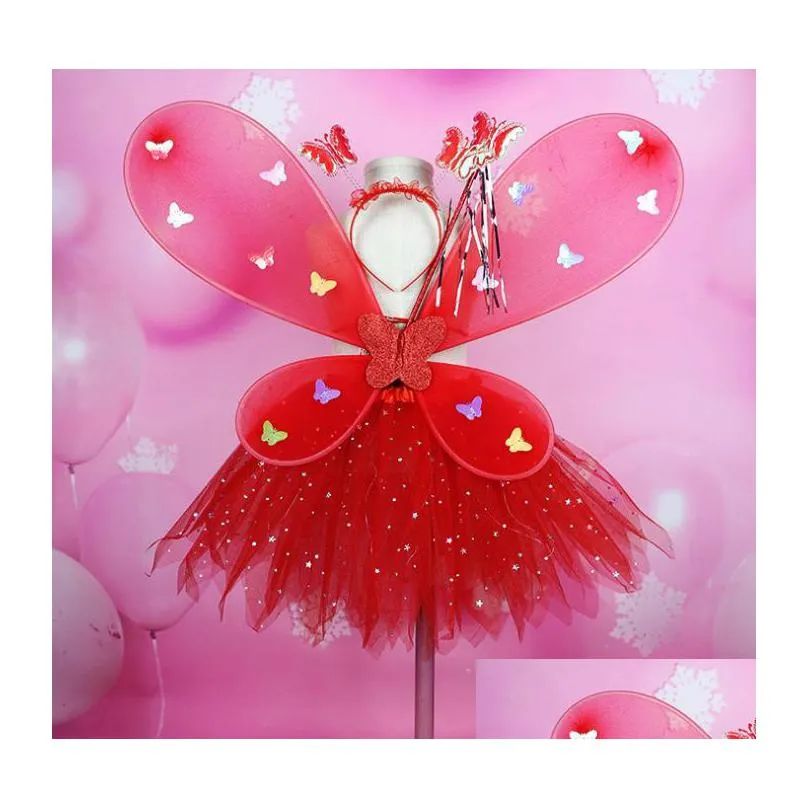 girl led butterfly wings set with glow tutu skirt fairy wand headband fairy princess light up party carnival costume gift 28t