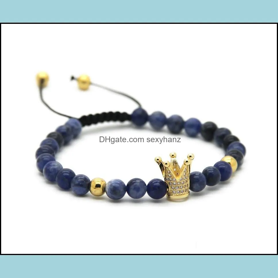 wholesale 10pcs fashion 6mm natural blue veins stone beads gold and platinum crown braided cz bracelet