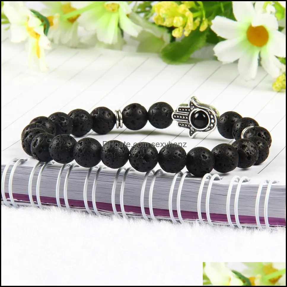  design wholesale 10pcs/lot lava stone beads with goldplated fatima hamsa hand protection stretch bracelets for men