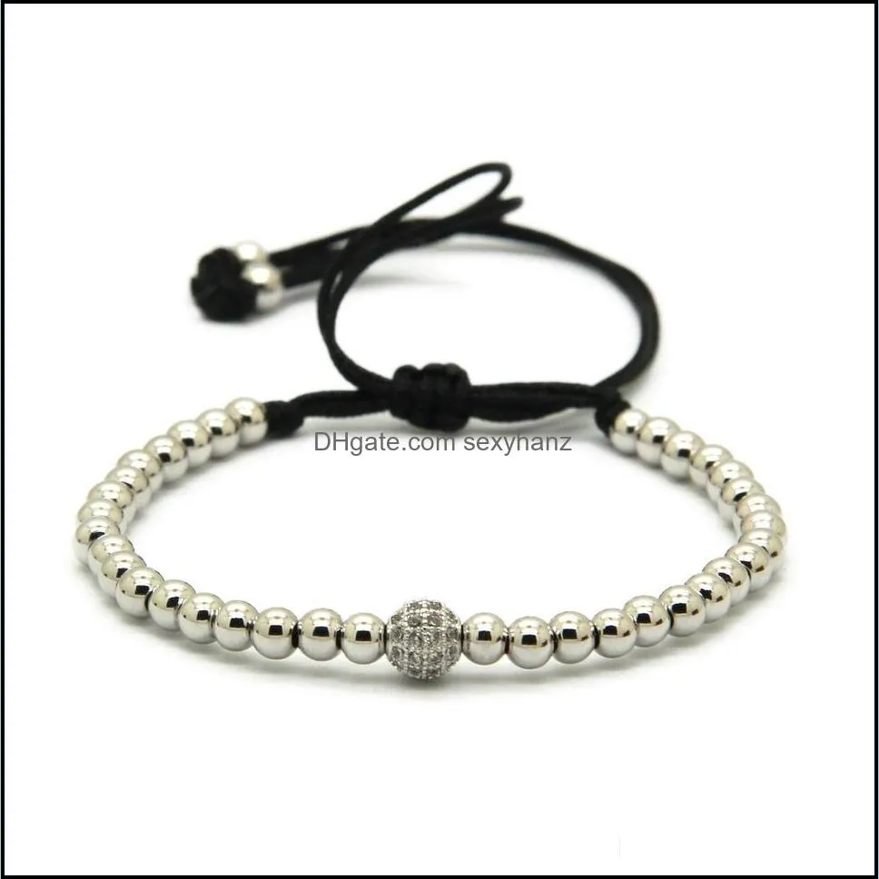 wholesale 4mm real gold rose gold platinum black round beads with clear zircons cz beads braiding macrame bracelet