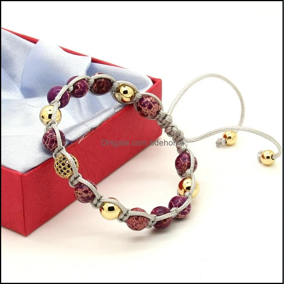 wholesale 10pcs/lot purple sea sediment stone beads with 9mm blue micro paved blue cz copper beads braiding macrame bracelet