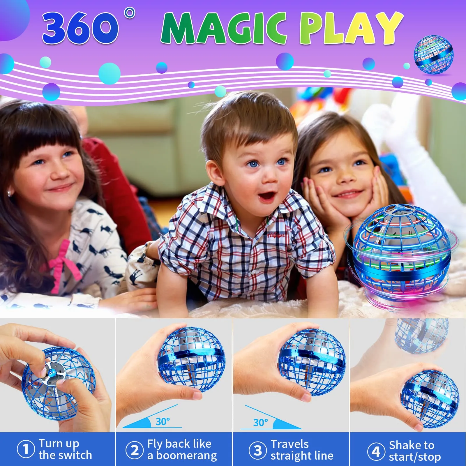 flying orb ball 2022 magic flying ball toys galactic fidget spinner with led lights mini drone boomerang soaring flying toy rechargeable for kids adults indoor outdoor drones toy gifts boys girls blue