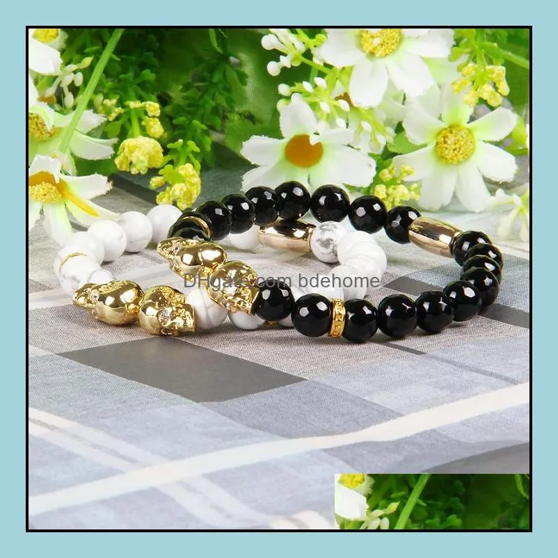 fashion jewelry wholesale 8mm faceted blue and black agate stone micro pave double skull beaded bracelets for men