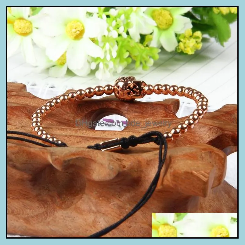 pulseira masculina wholesale mix colors 4mm brass beads exquisite three sides black cz skull macrame bracelet