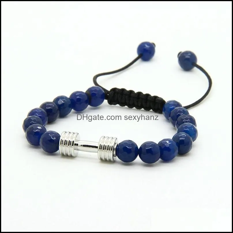 sport energy dumbell bracelets wholesale 8mm faceted blue agate stone beads barbell fitness dumbell macrame bracelets for men