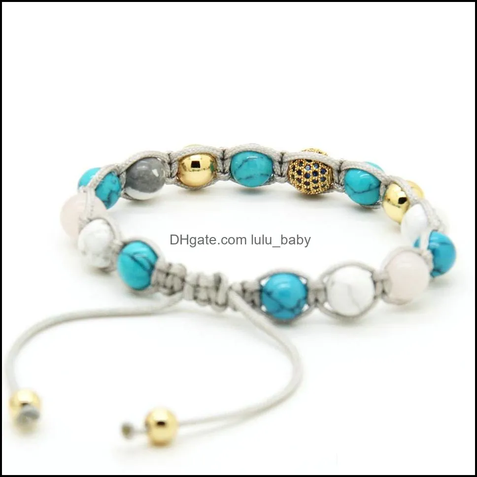 wholesale 10pcs/lot white howlite marble turquoise stone beads with 9mm blue micro paved blue cz beads macrame bracelet