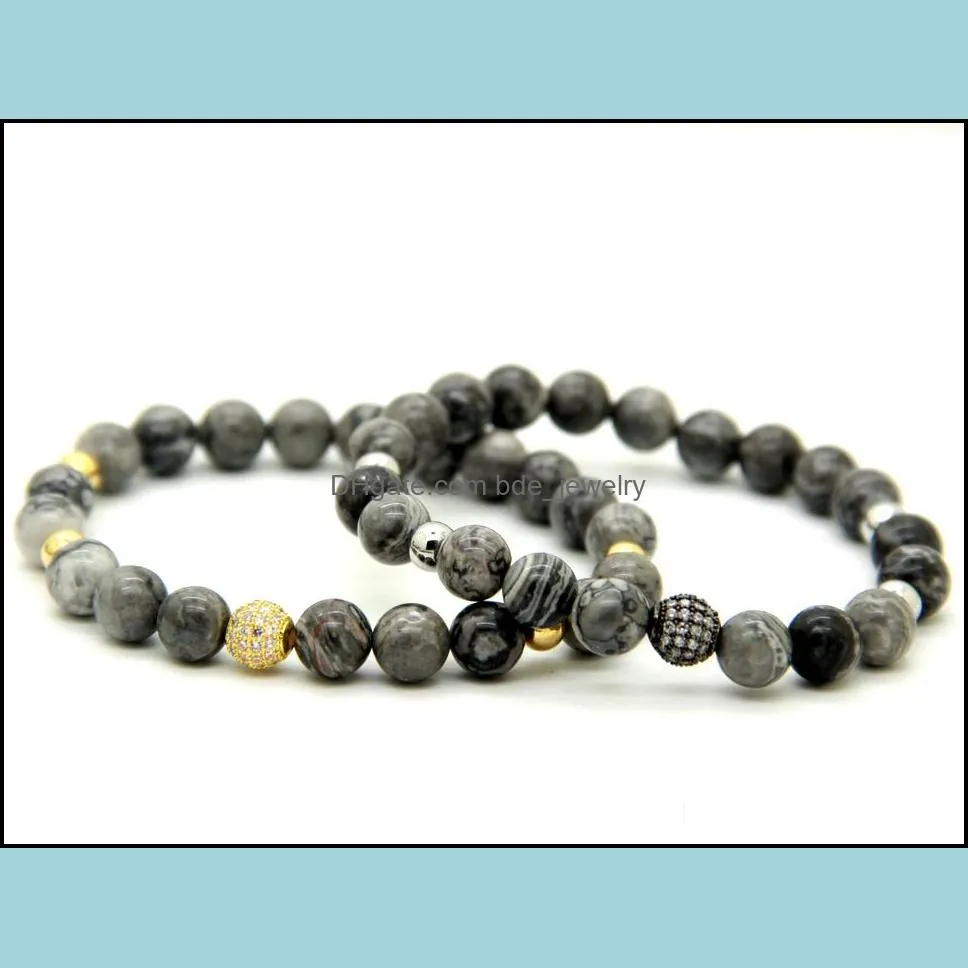 1pcs high grade jewelry 8mm grey picture jasper stone beads micro pave black and gold cz beads bracelets mens gift