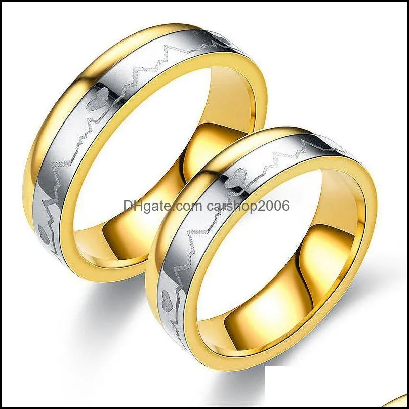 ecg love heartbeat ring band stainless steel contrast color gold rings couple for women men fashion jewelry gift