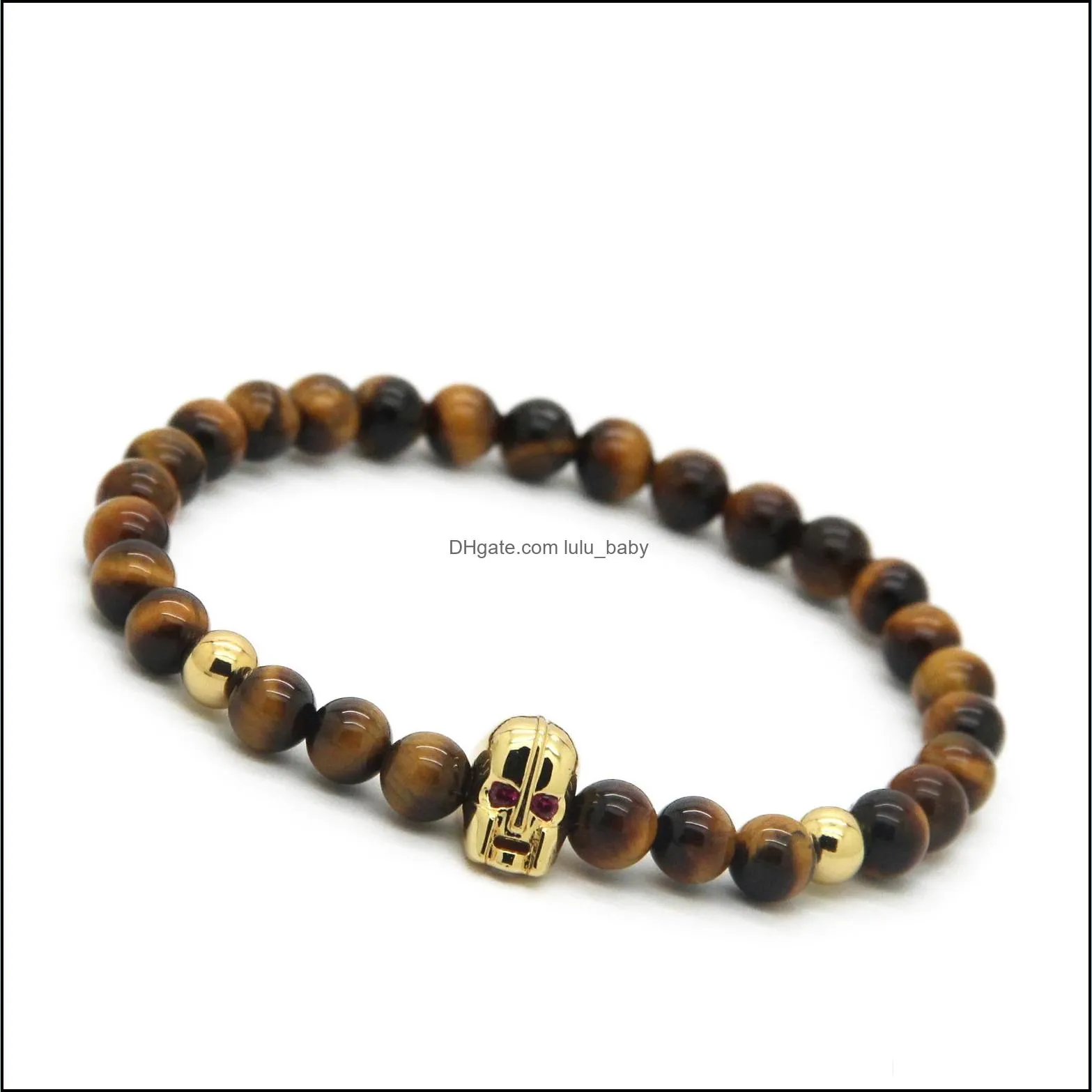 wholesale 10pcs/lot 6mm a grade tiger eye stone beads with micro pave spartan cz helmet bracelets party gift