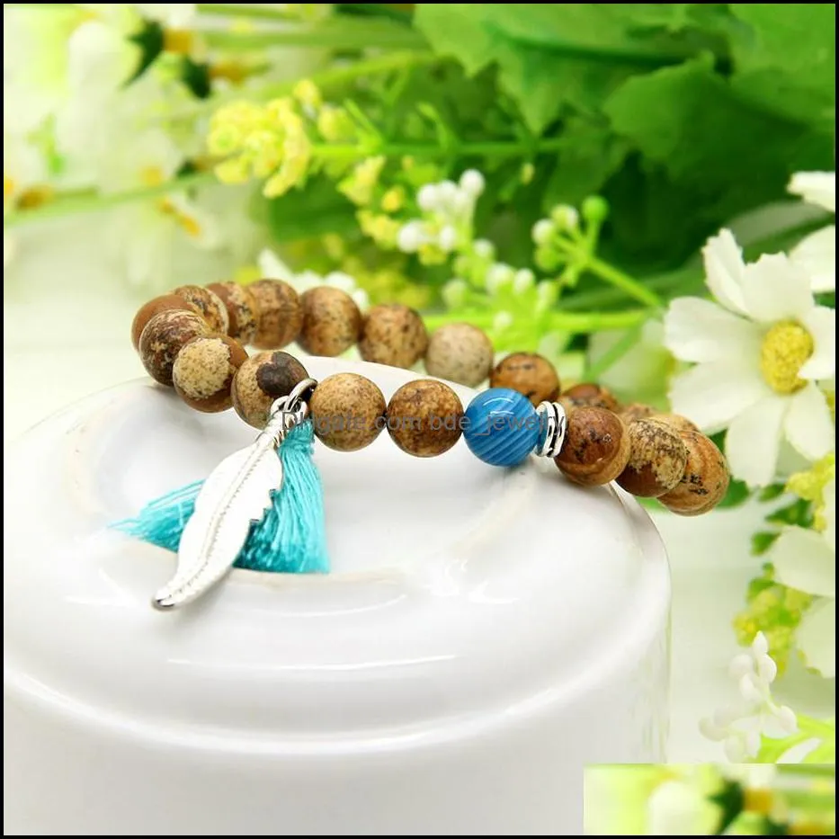  design wholesale 10pcs/lot 8mm yellow picture jasper stone beads with tassel leaf couple lucky bracelet