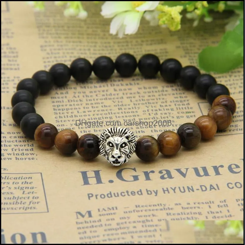  design mens bracelets wholesale 8mm natural tiger eye and matte agate stone beads gold  head bracelets party gift