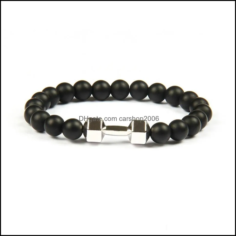 mens gift wholesale jewelry arrival alloy metal matte agate stone beads fitness fashion dumbbell bracelets with words