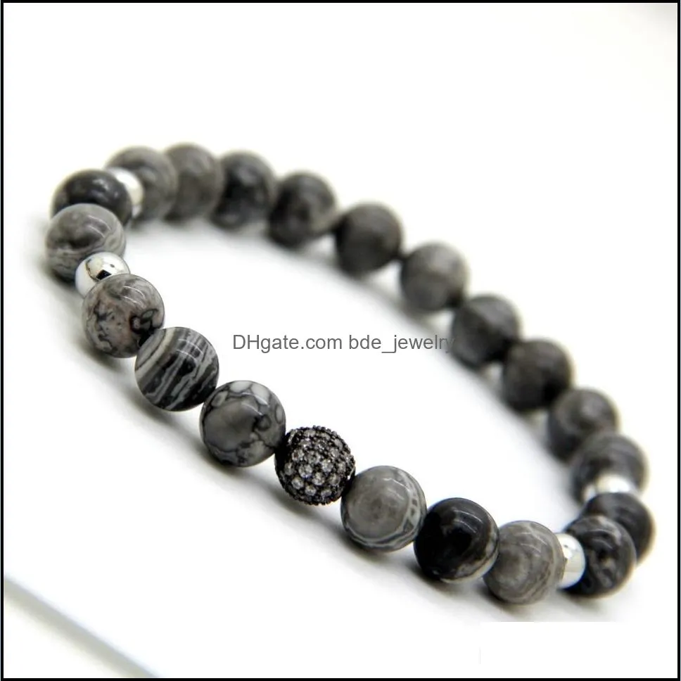 1pcs high grade jewelry 8mm grey picture jasper stone beads micro pave black and gold cz beads bracelets mens gift