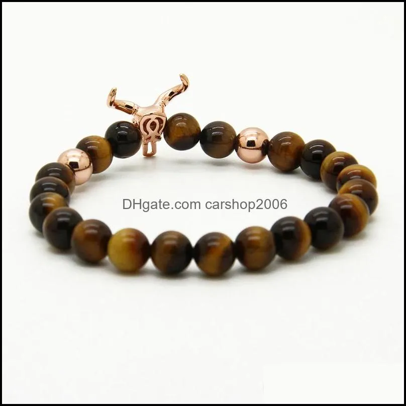 wholesale 10pcs/lot 8mm a grade yellow tiger eye stone beads with alloy bull bracelet men women matador charm bracelets