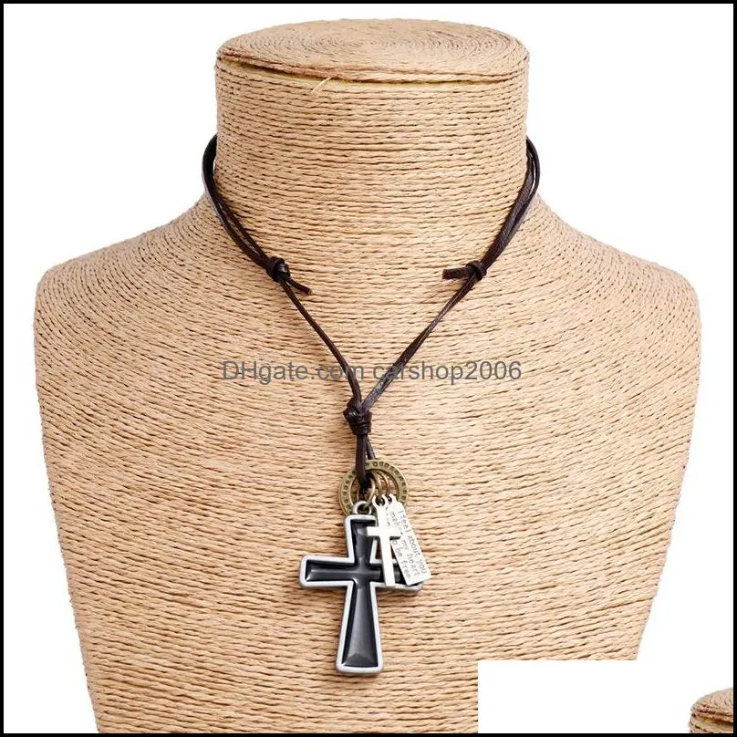 letter id enamel jesus cross necklace adjustable leather chain pendant necklaces for women men punk fashion jewelry gift