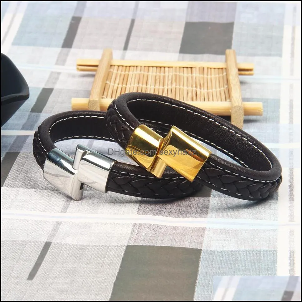 wholesale black genuine leather bangle bracelet stainless steel magnetic buckle clasps bracelets men and women gift jewelry