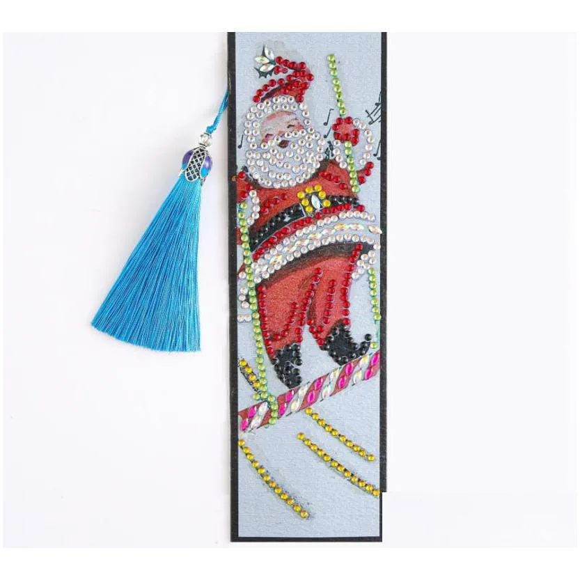 diamond painting diy bookmark party favor 5d crystal art crafts bookmarks with tassel tool rhinestone christmas pattern bell xmas tree snowman leather