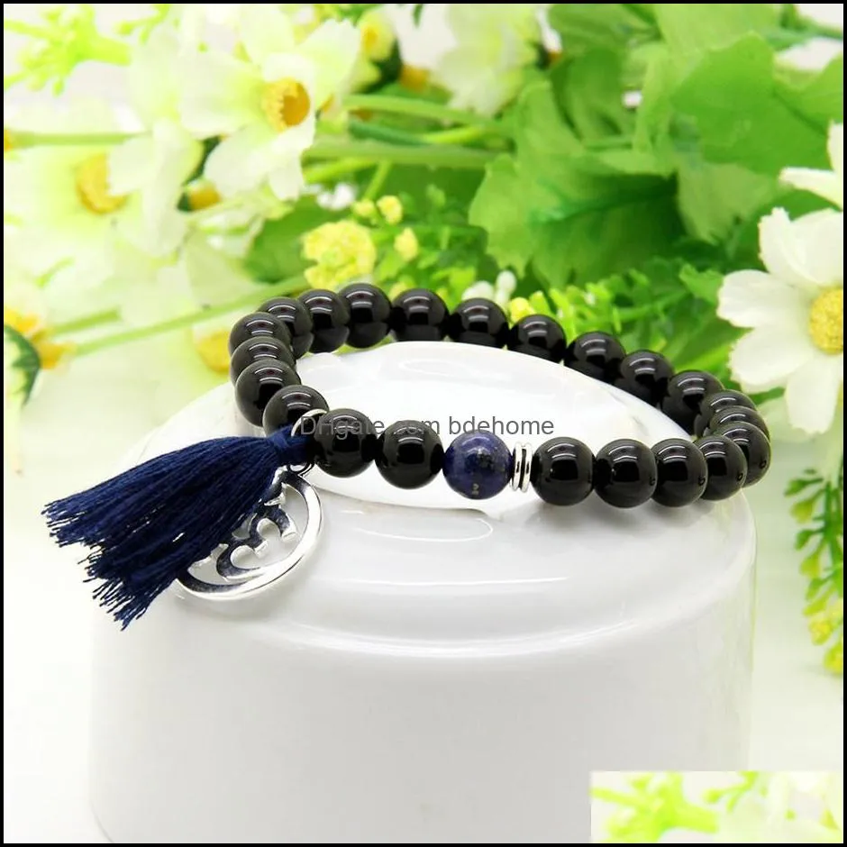 new design valentine wholesale 8mm black onyx stone beads tassel stretch beads yoga big om couple bracelet