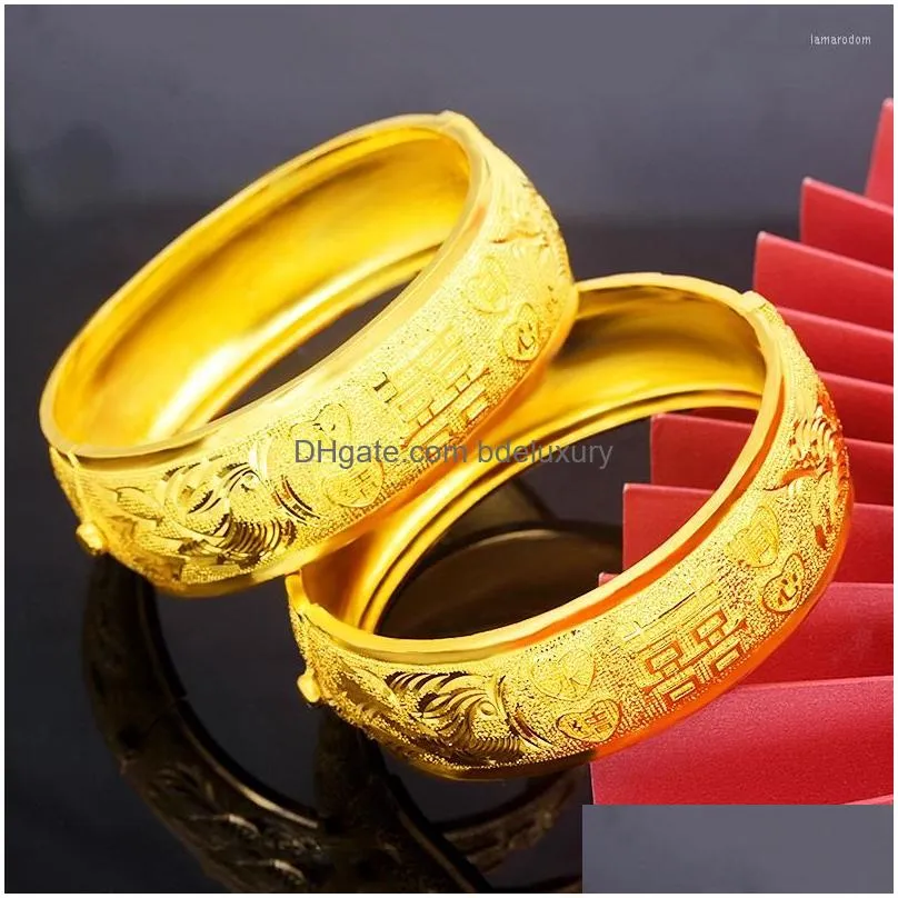 bangle 18k gold plated ladies bracelet wide retro style dragon and phoenix for girlfriend birthday wedding jewelry gift