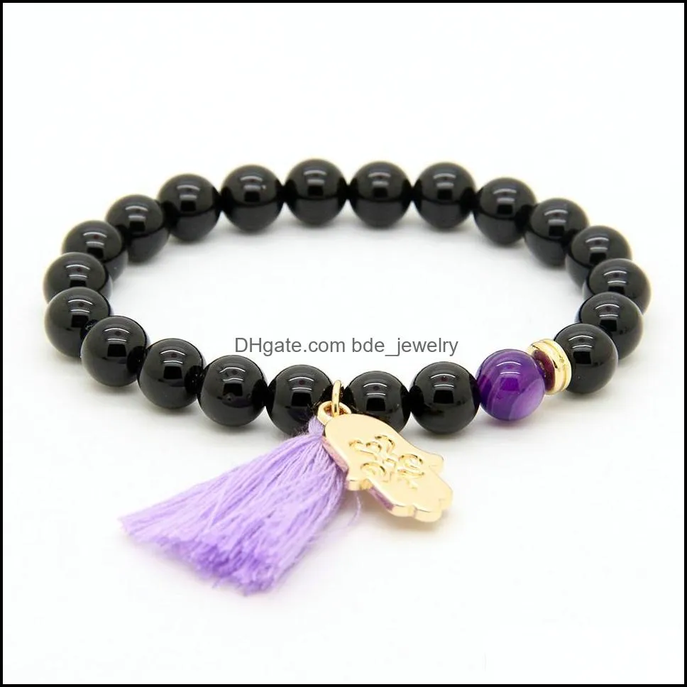  design wholesale 10pcs/lot 8mm black onyx stone besds blue and purple tassel hamsa fatima hand couple bracelet