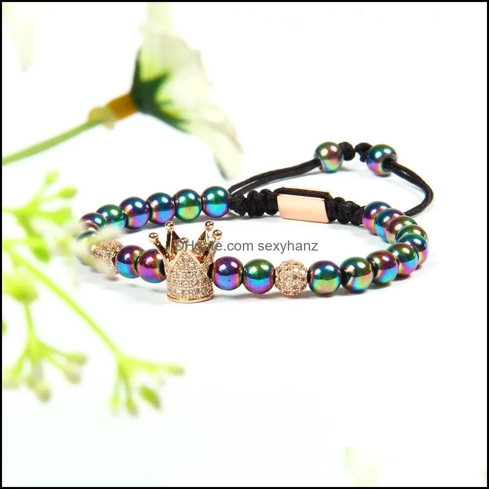  macrame bracelet wholesale 10pcs/lot 6mm colors hematite stone beads with clear cz crown bracelets for gift