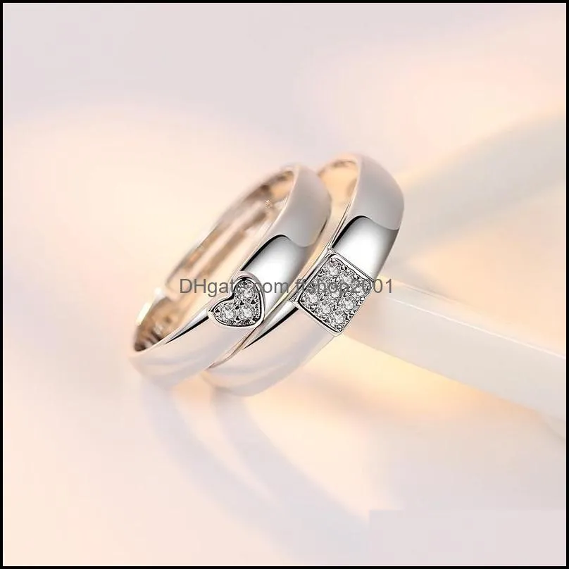 square heart diamond cluster rings silver open adjustable couple engagement wedding ring for wome men fashion jewelry