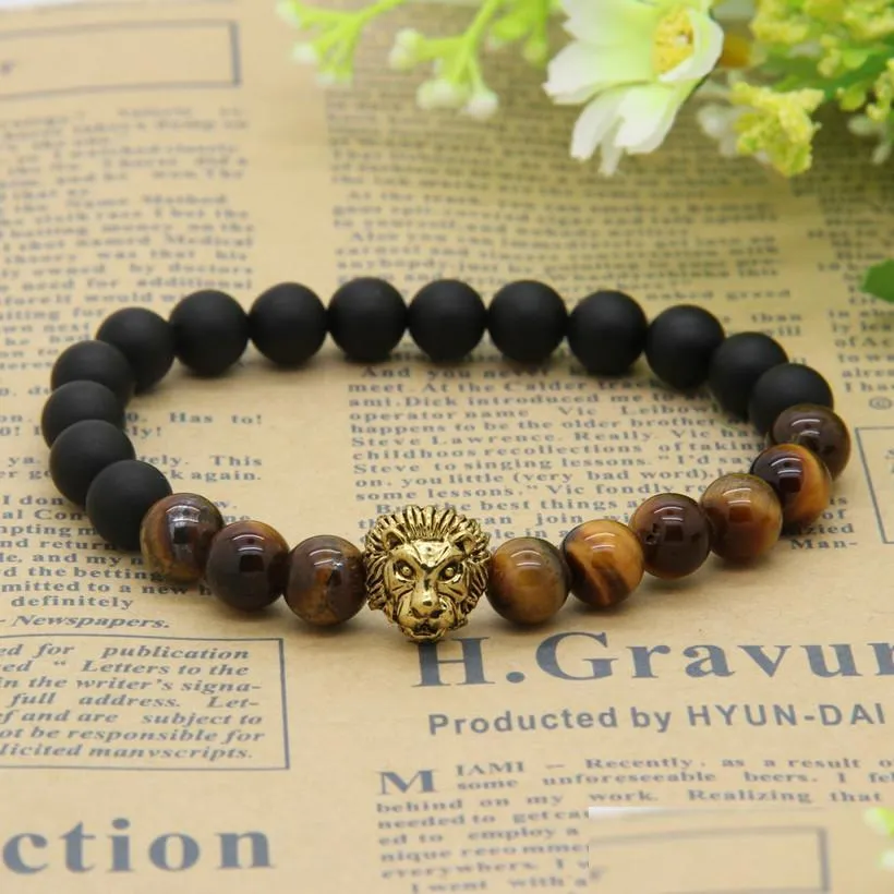  design mens bracelets wholesale 8mm natural tiger eye and matte agate stone beads gold  head bracelets party gift