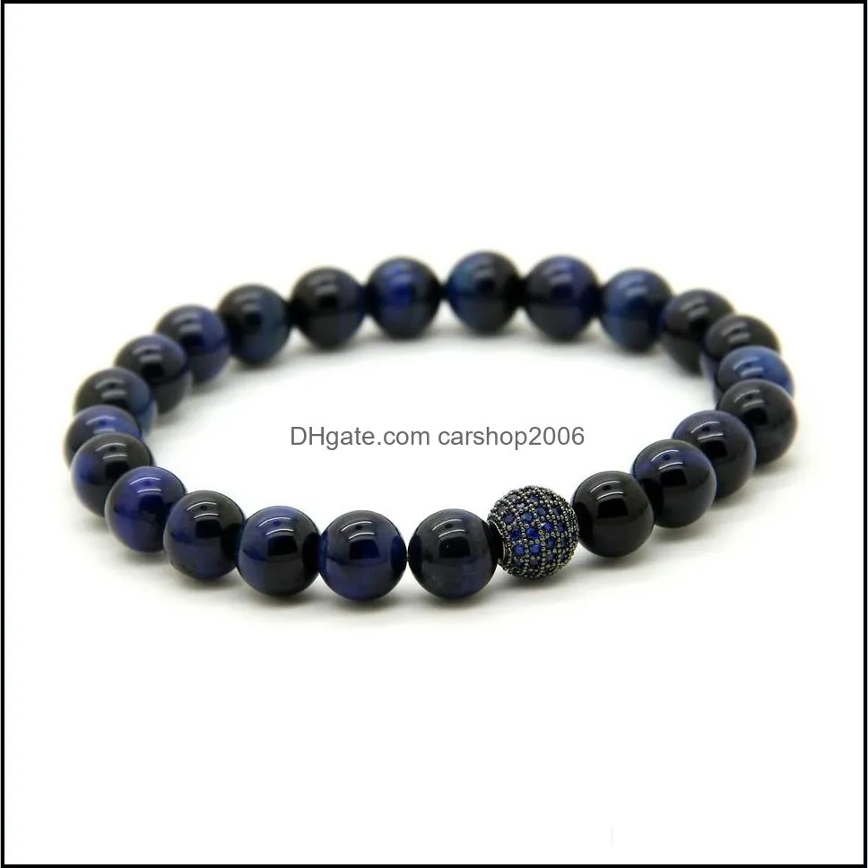 10pcs/lot 8mm a grade blue tiger eye stone beads bracelets micro paved blue cz ball beaded jewelry gift for friend and family