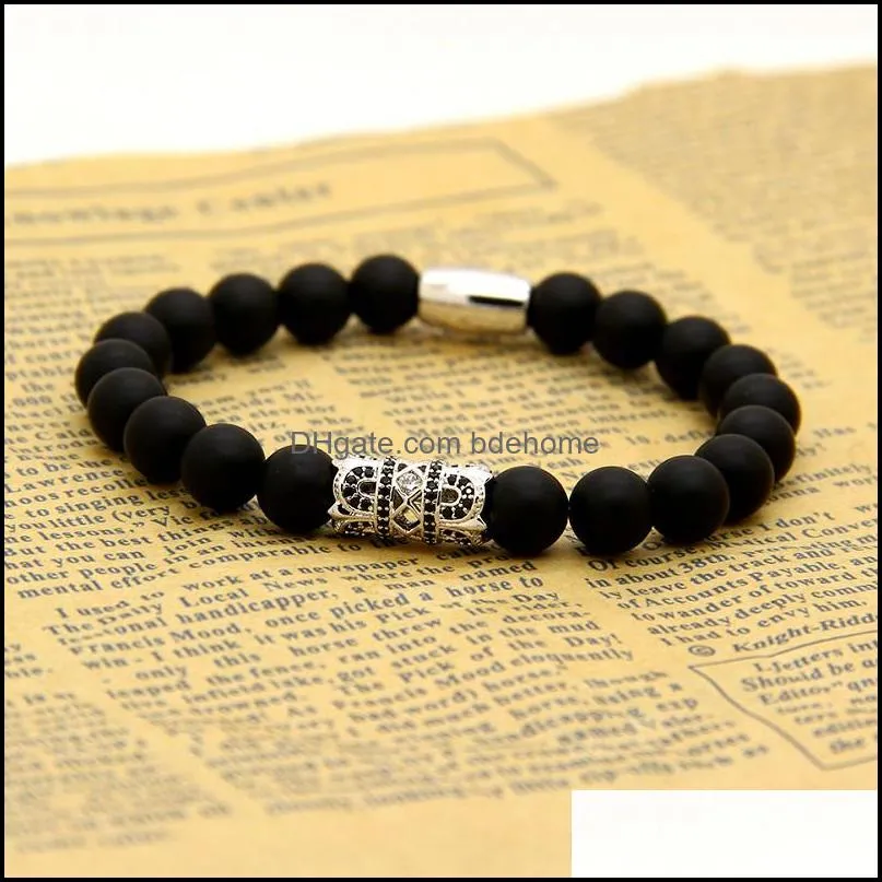 powerful men gold jewelry wholesale 8mm black matte agate stone beaded with exquisite micro inlay zircon charm bracelet
